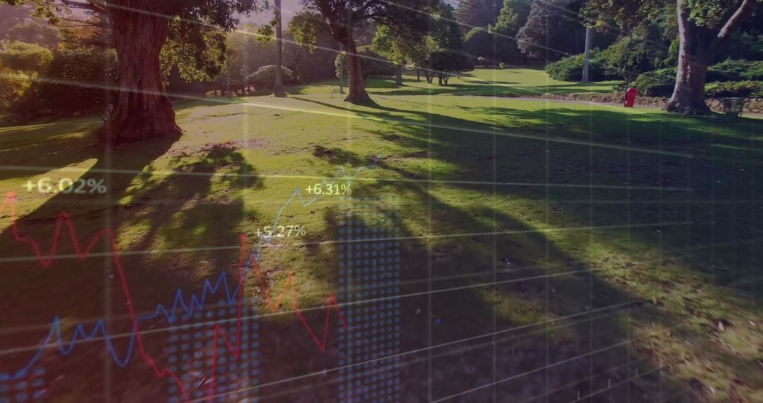 Digital Financial Graphs Overlaying Park Scenery