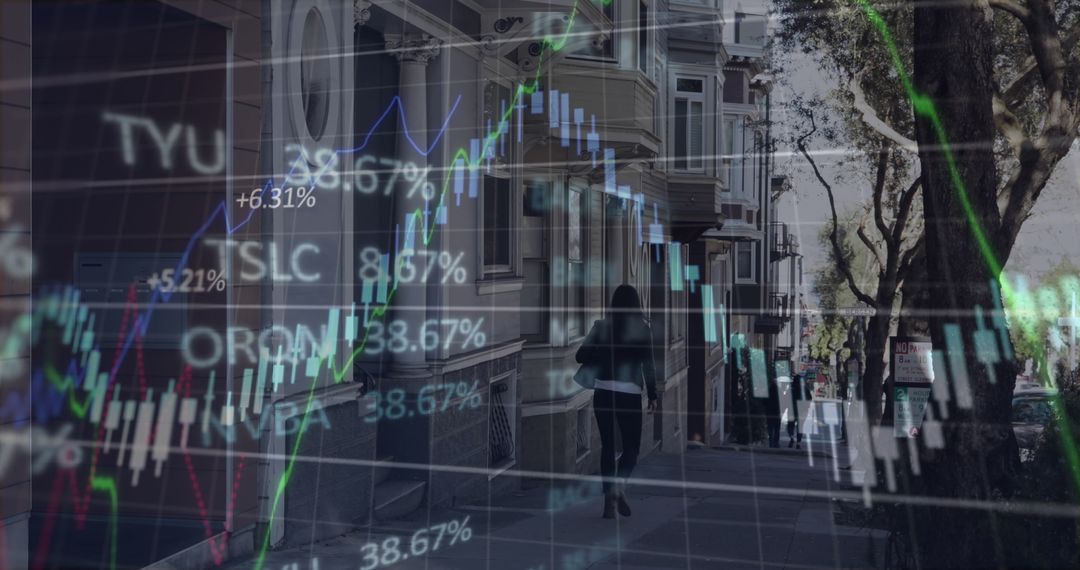 Urban Businesswoman with Financial Graph Overlay on Residential Street
