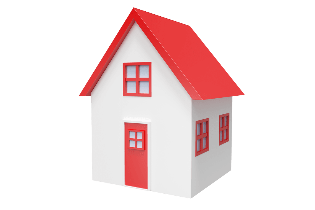 Transparent House with Red Roof and Accents on White Background