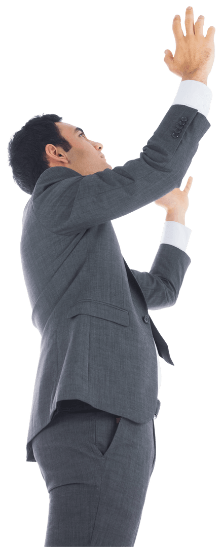 Focused Businessman Reaching Up in Transparent Background