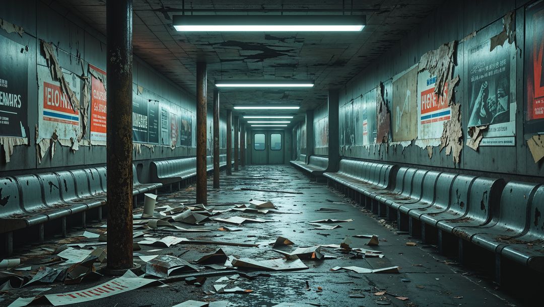 Abandoned subway scene with rusted benches and peeling posters in apocalypse aftermath