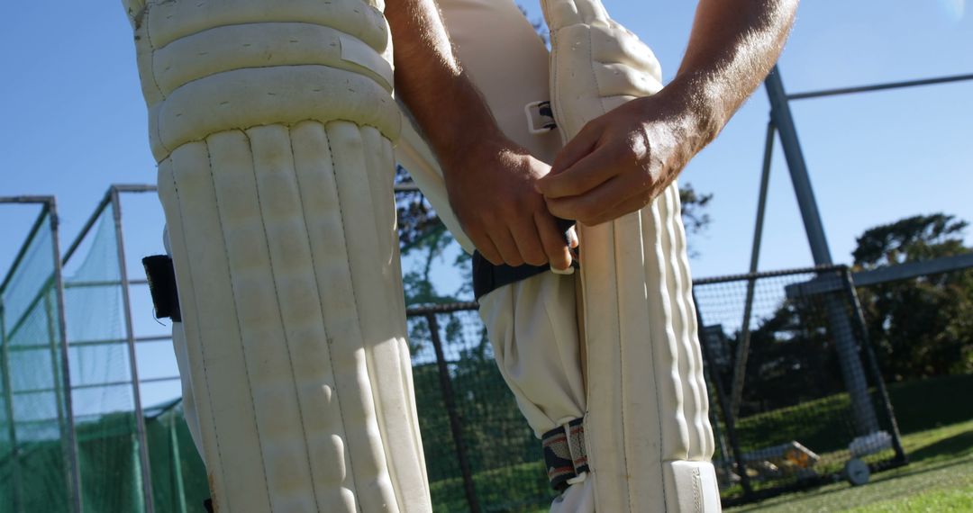 Cricket Player Adjusting Batting Pads During Practice Session - Free Images, Stock Photos and Pictures on Pikwizard.com