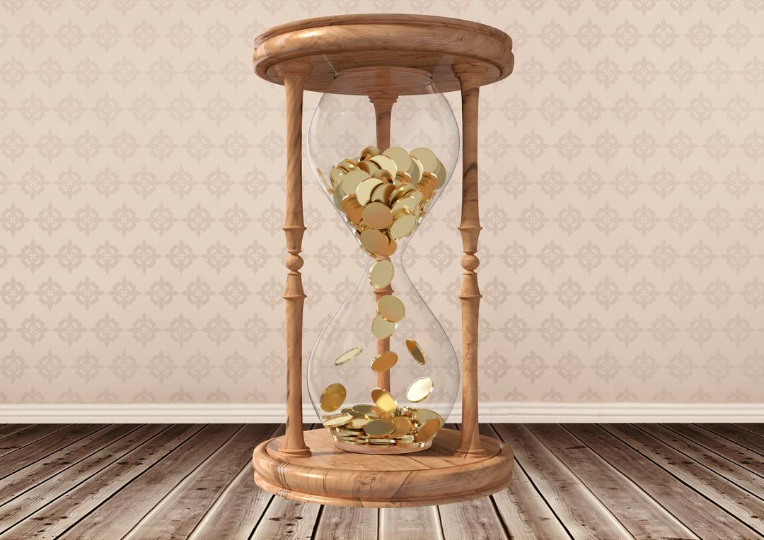 Hourglass with Flowing Gold Coins on Wooden Floor - Free Images, Stock Photos and Pictures on Pikwizard.com