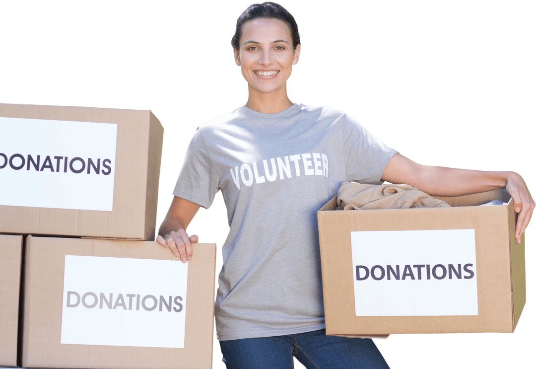 Transparent Volunteer Holding Donation Box with Smile