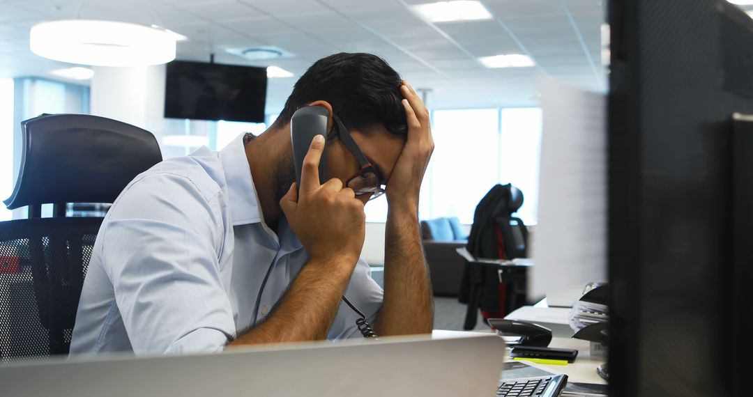 Stressed Businessman on Phone in Modern Office - Free Images, Stock Photos and Pictures on Pikwizard.com