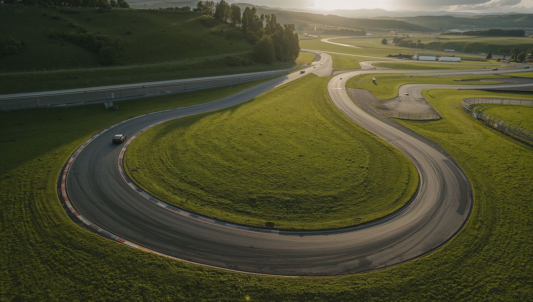 Racing car conquers challenging race track hairpin on scenic day