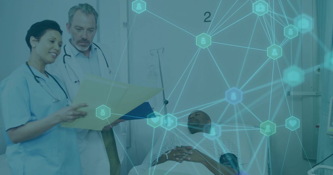 Healthcare Team Analyzing Patient Chart with Data Network Visualization