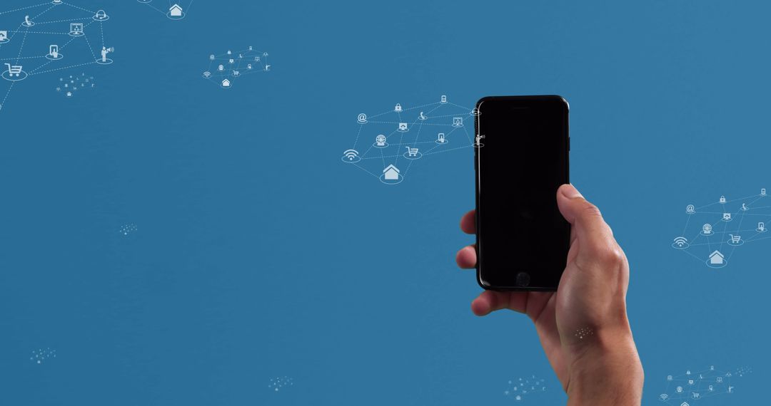 Interactive Network Icons Floating Around Smartphone in Hand