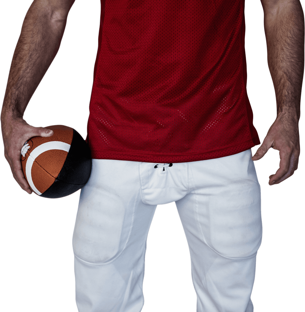 Transparent Midsection Rugby Player Holding Ball Red White Attire