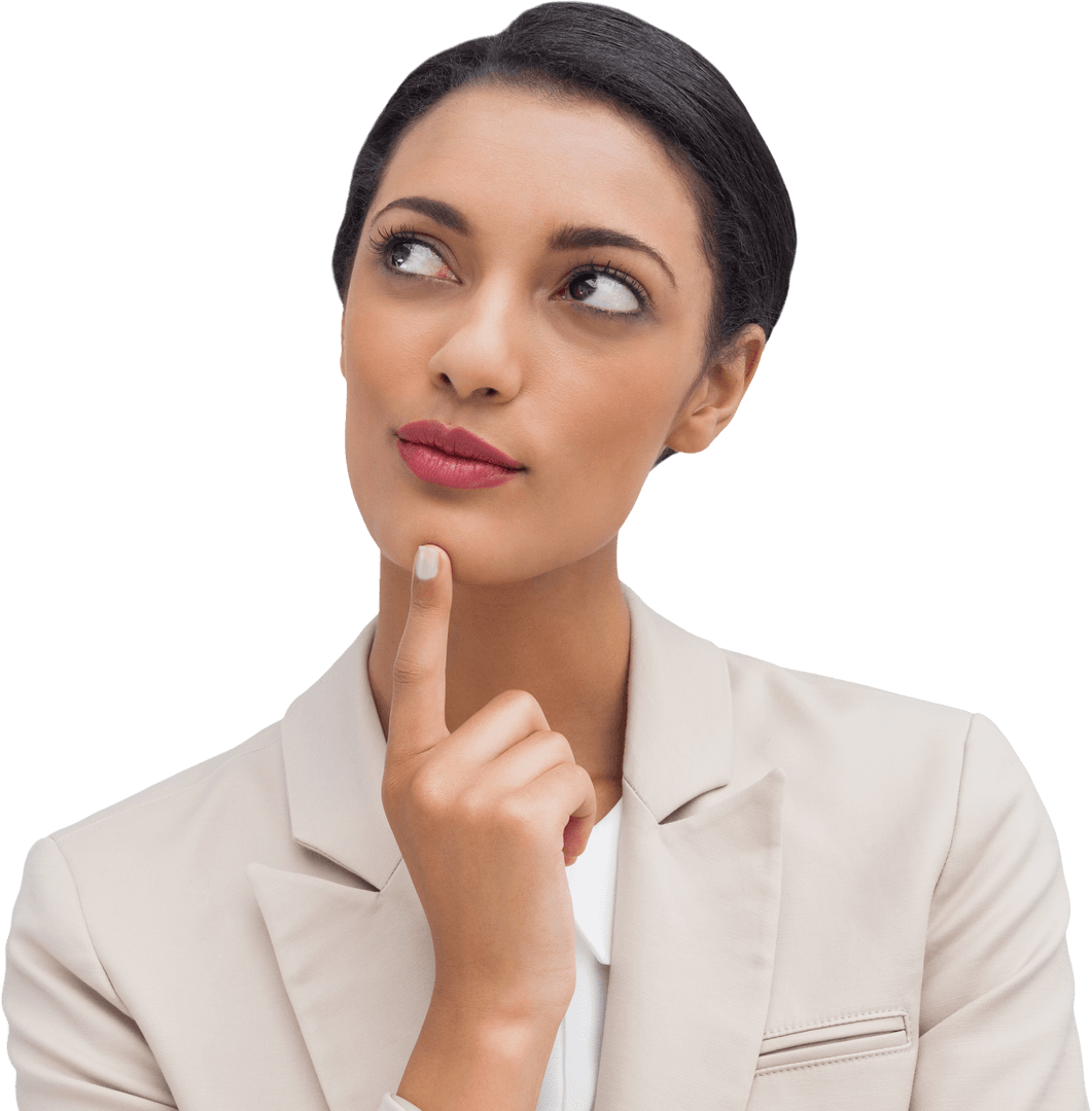 Transparent Elegant Woman Wondering with Finger on Chin