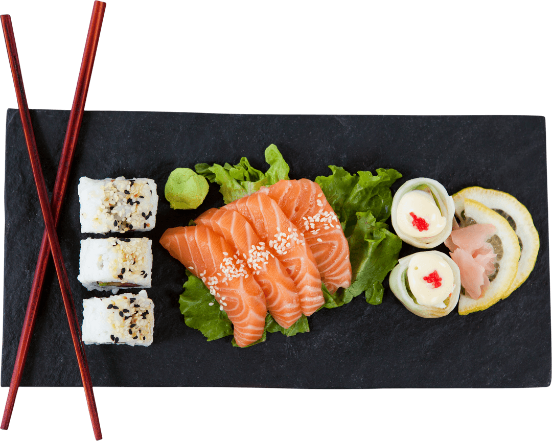 Transparent Sushi Arrangement with Salmon and Chopsticks