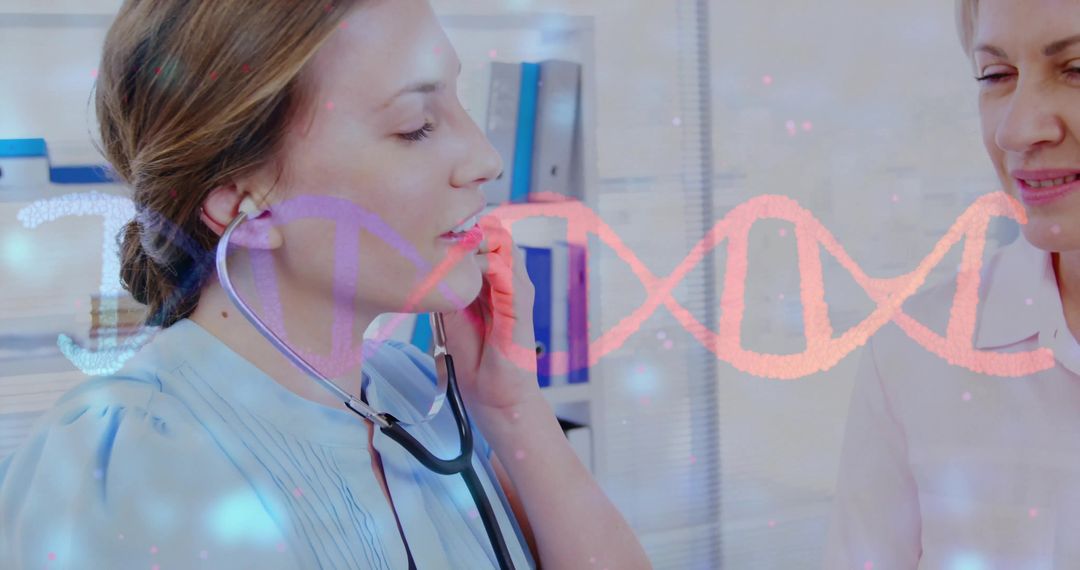 Doctor Consulting Patient with DNA Helix Overlay in Clinic Setting