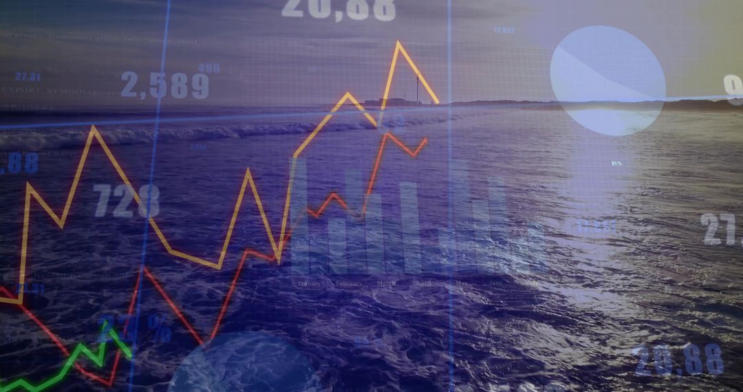 Ocean Horizon Sunset with Overlay of Dynamic Data Charts