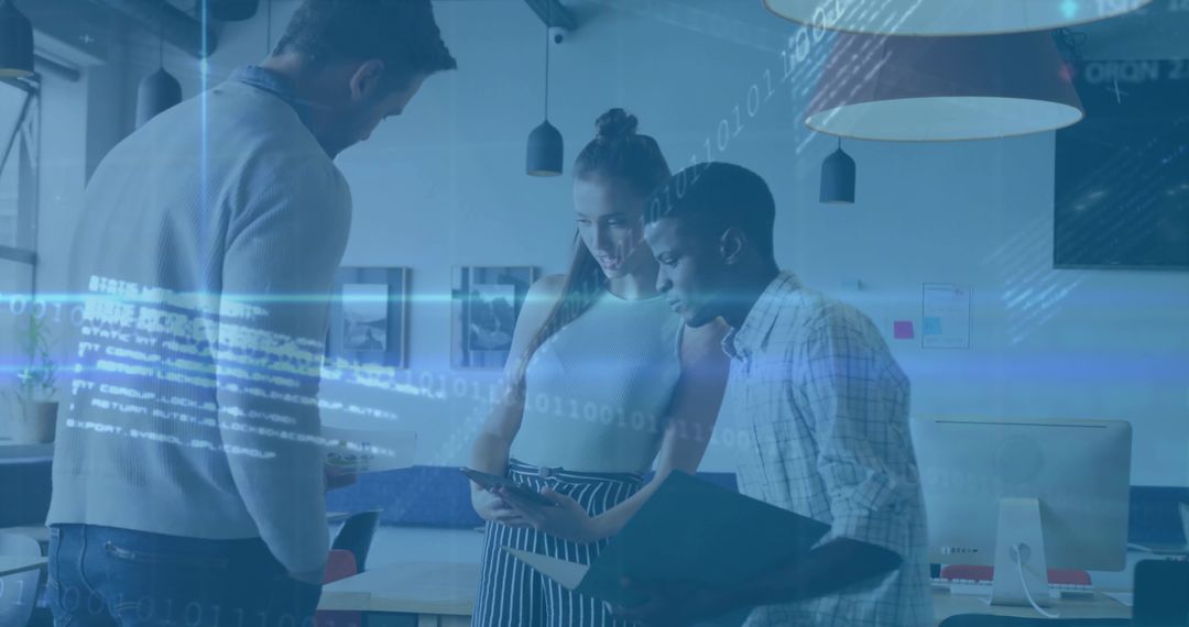 Innovative Team Collaborating in Modern Office with Digital Overlay