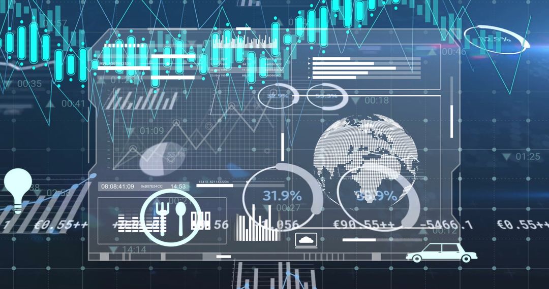 Financial Data Visualization with Digital World Map and Graphs