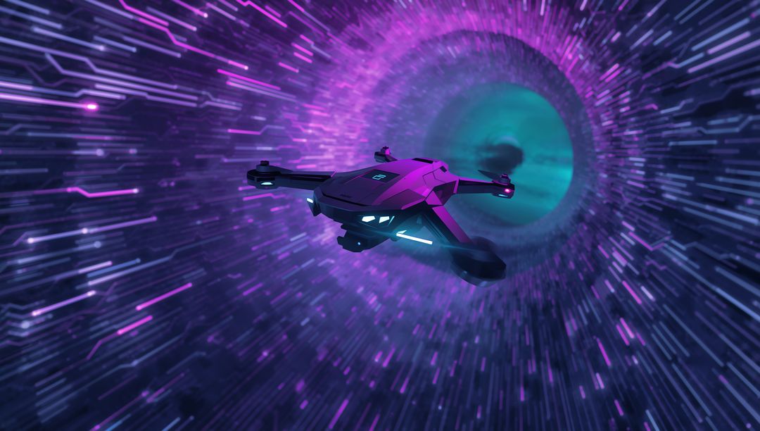 Futuristic Quadcopter Drone Entering Neon Hyperspace Vortex with Motion Trails