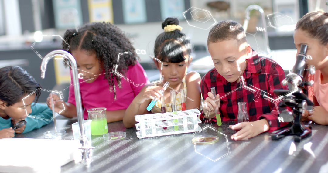 Group of Diverse Young Students Engaging in Chemistry Experiments in Classroom