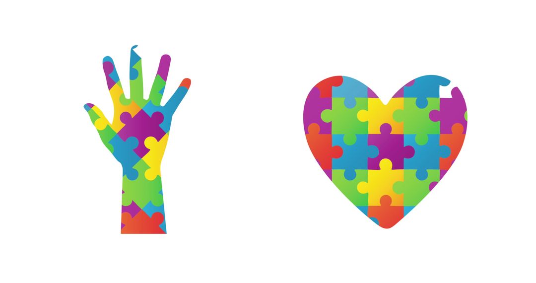 Colorful puzzle hand and heart for autism awareness