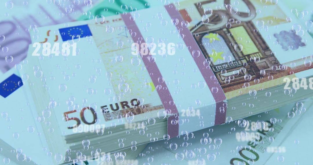 Euro Currency Stacks with Digital Numbers and Bubbles Focus on Finance