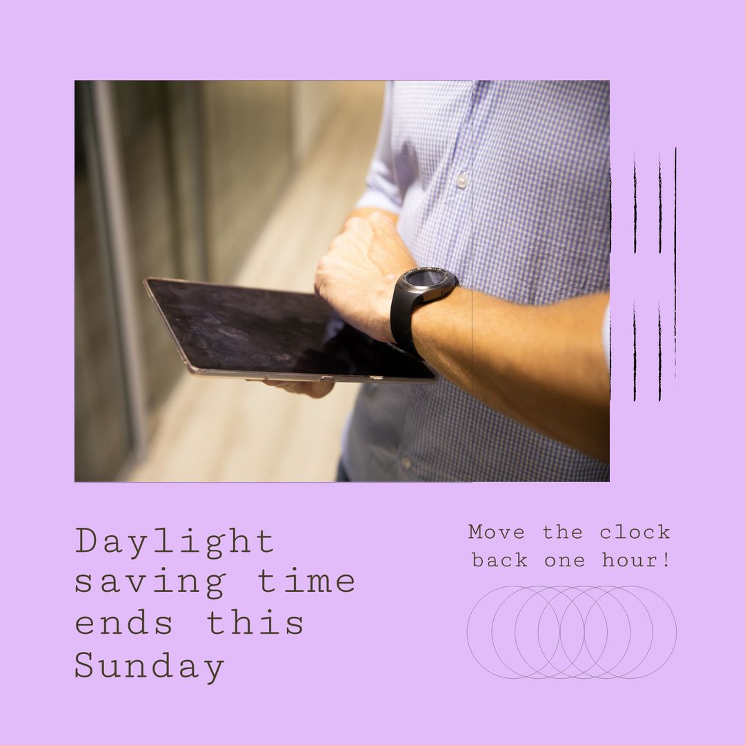 Businessman Reminds of Daylight Saving Time Change with Tablet and Watch
