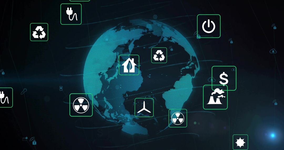 Futuristic Globe with Energy and Environmental Icons in Digital Interface