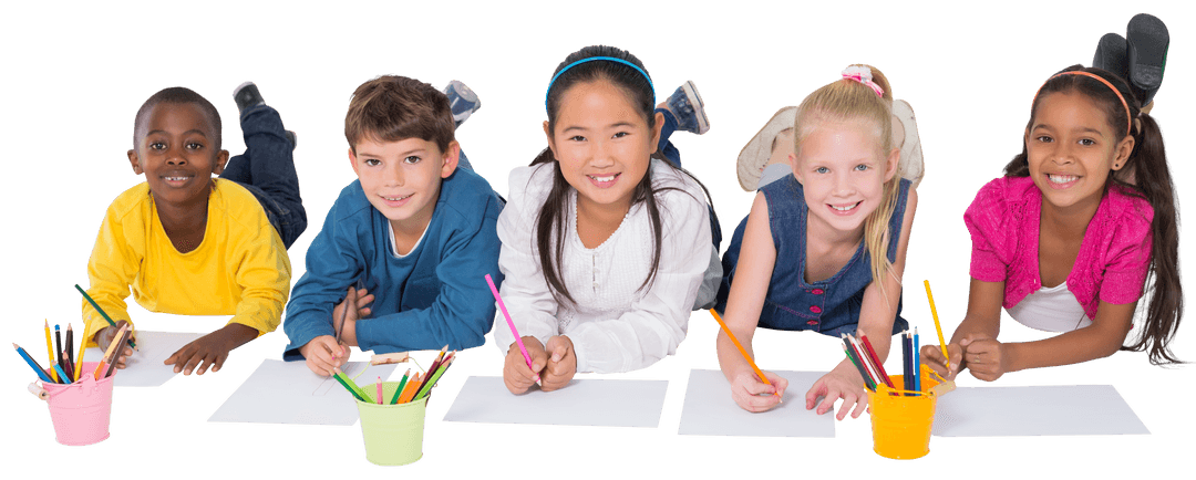 Diverse kids drawing with pencils on transparent background