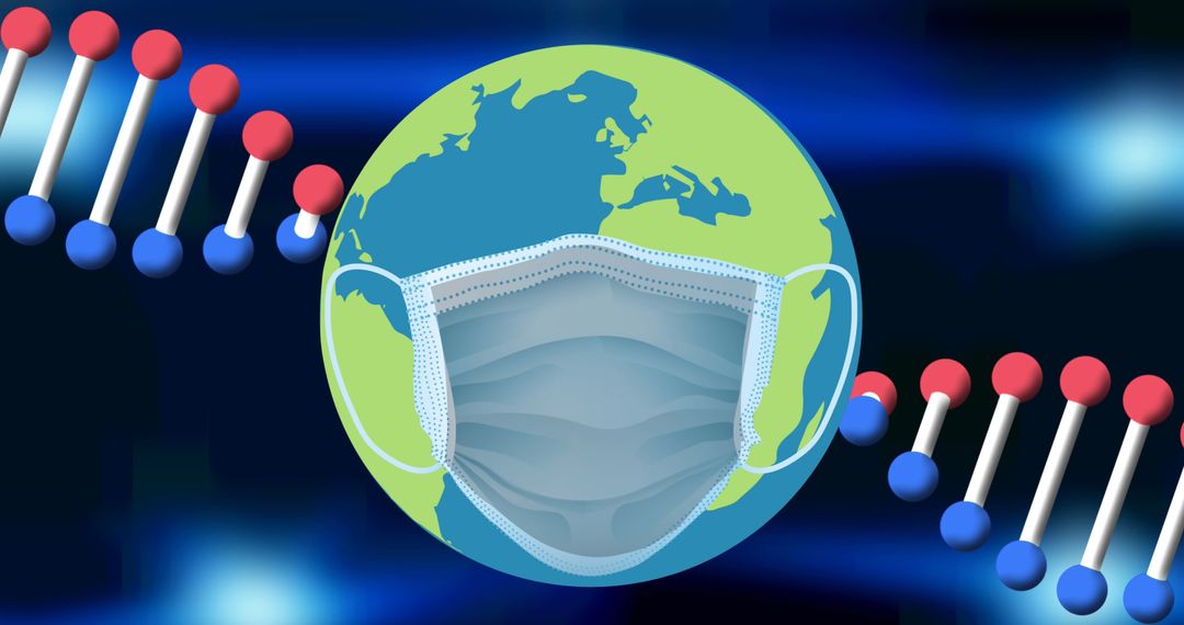 Global Health: Planet with Mask Surrounded by DNA Strand