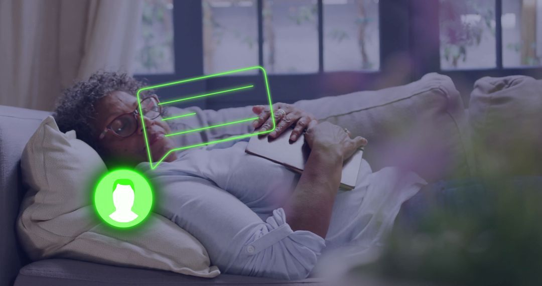 Woman Relaxing with Book on Sofa and Communication Overlays