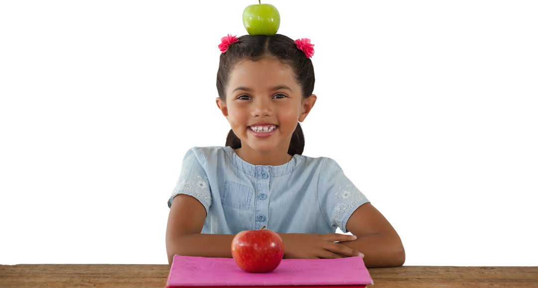 Smiling Girl Balancing Green Apple on Head with Red Apple on Desk - Download Free Stock Images Pikwizard.com