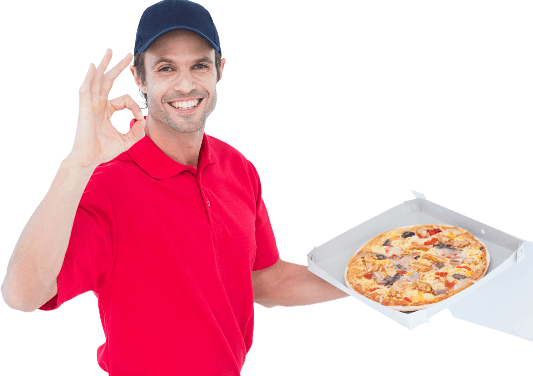 Transparent Delivery Man Happy with Fresh Pizza Showing Okay Gesture