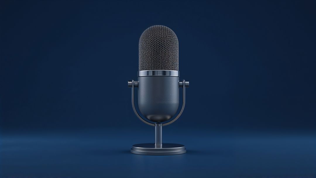 Press release retro-style condenser microphone with metal stand on blue background