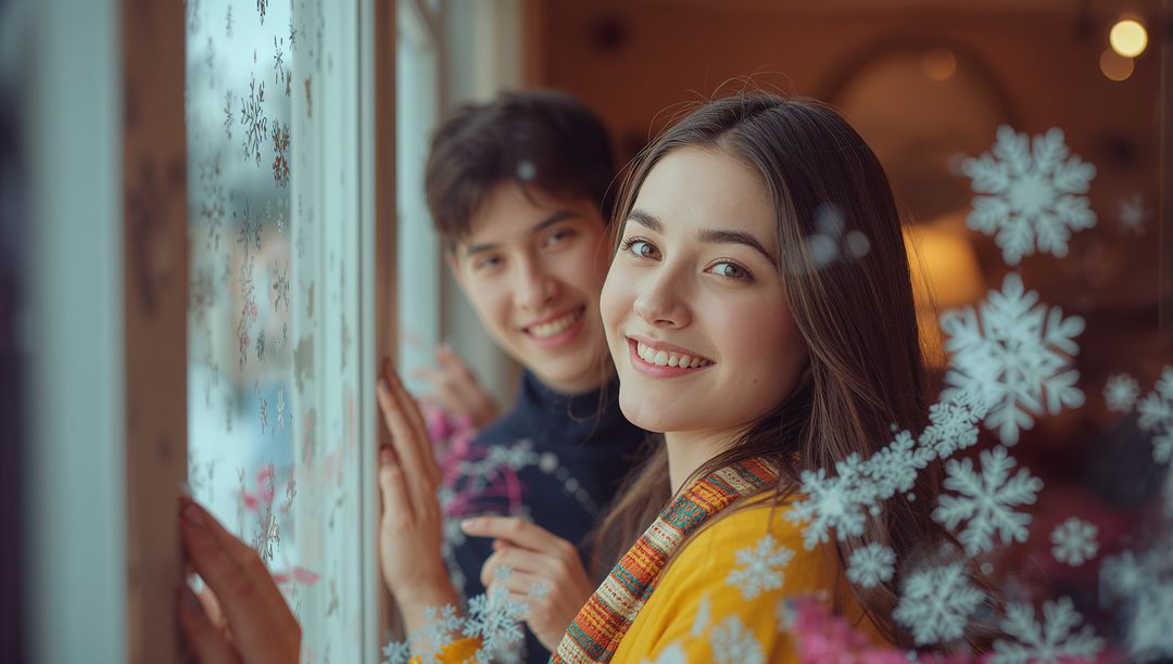Couple Enjoying Cozy Winter Moment with Snowflake Decals