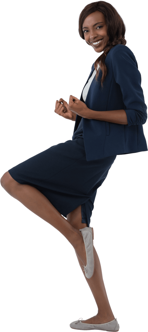 Transparent Joyful Businesswoman Standing on One Leg