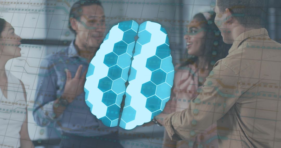 Team Brainstorming with Digital Brain Overlay and Data Analytics Visualization