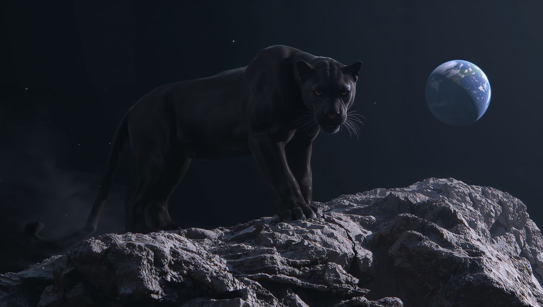 Black Panther Standing on Moonlike Rock with Earth Rising in Dark Space