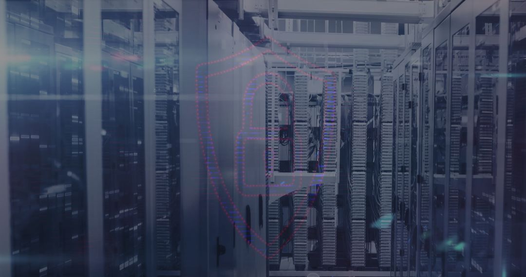 Cybersecurity Icon Over Modern Server Room Infrastructure