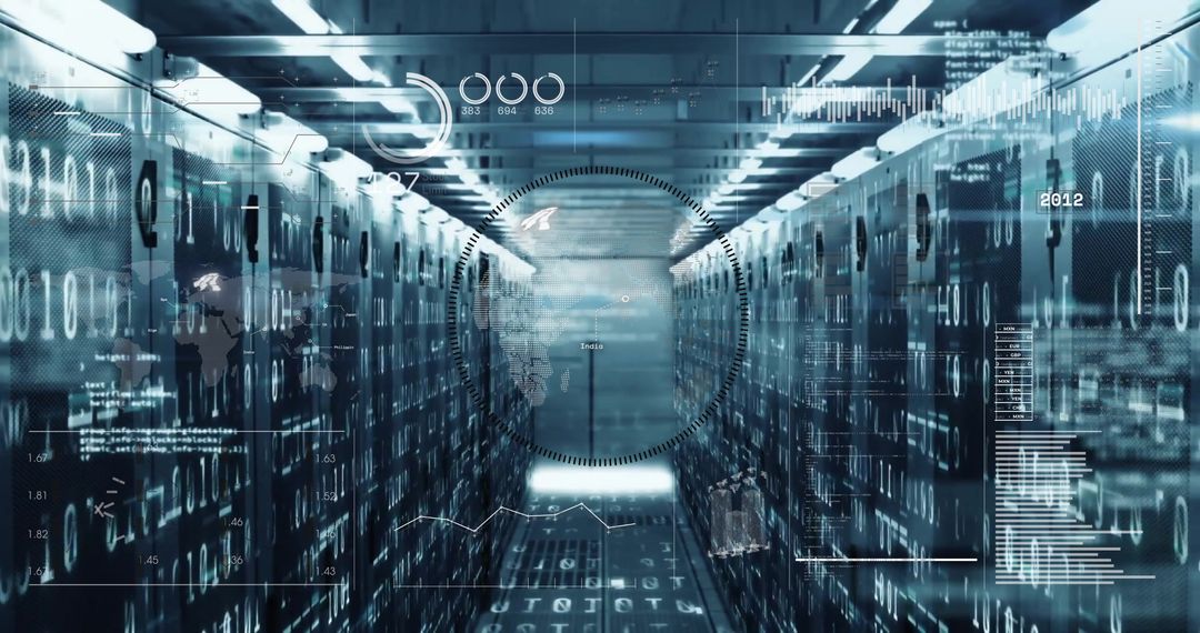 Futuristic Data Center Corridor with Holographic Digital Visualization