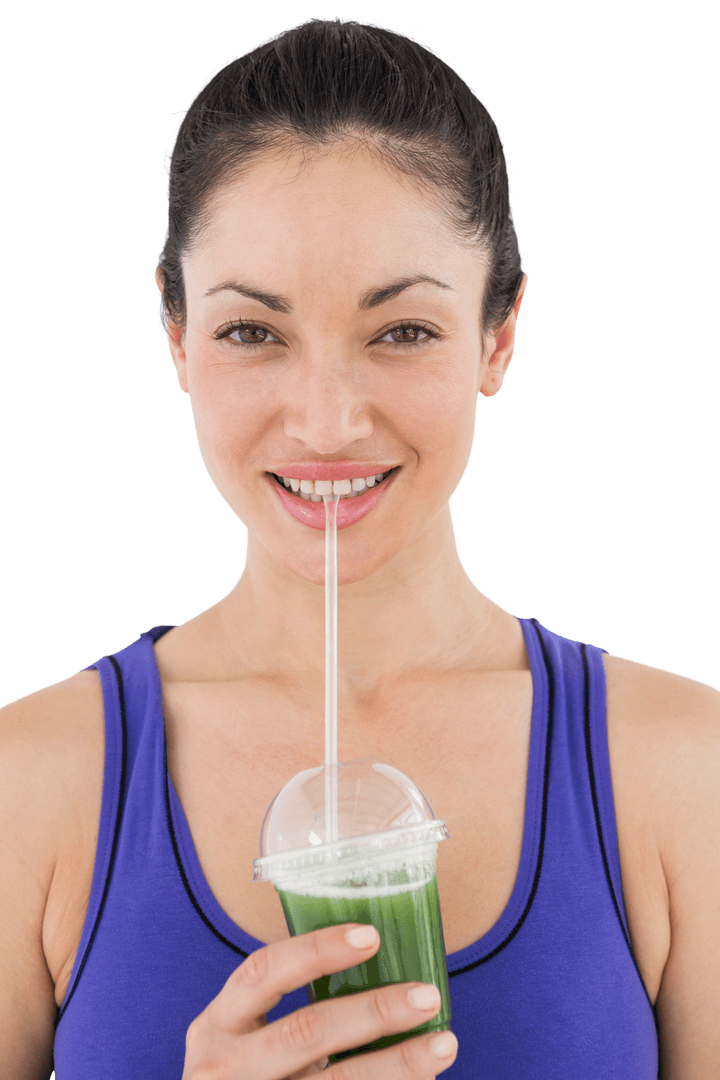 Smiling Woman Drinking Green Juice with Smooth Skin on Transparent Background