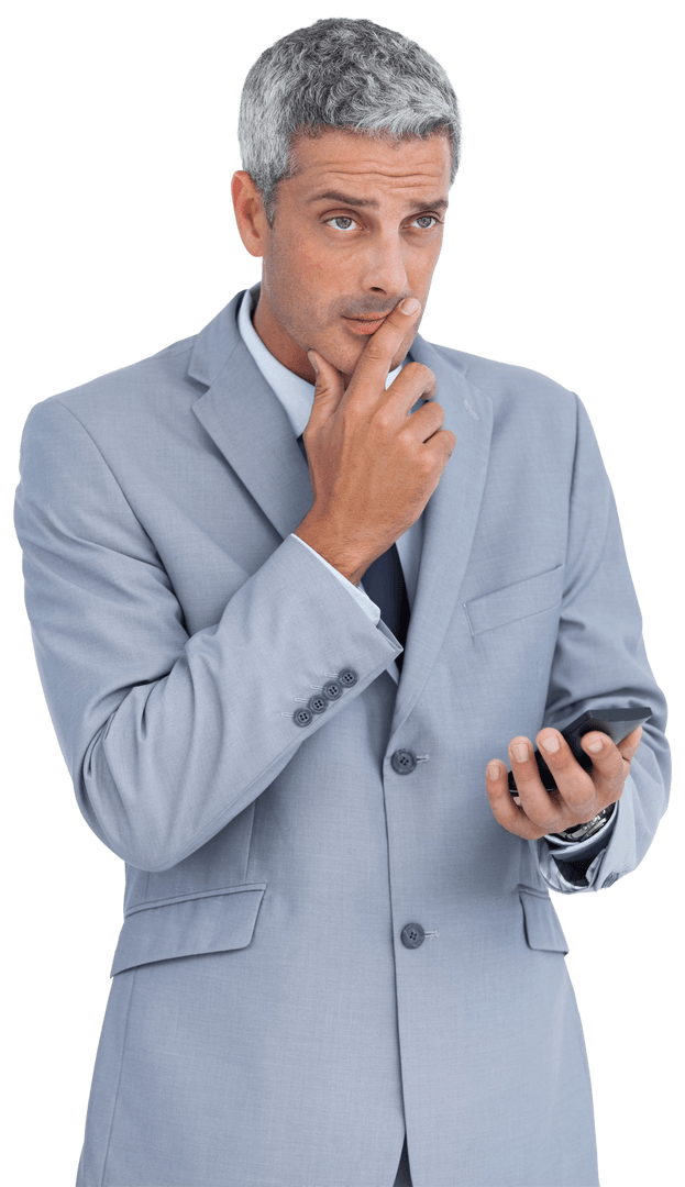 Worried Businessman Analyzing Phone with Transparent Background