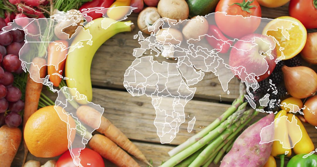 World Vegan Cuisine Concept with Map Overlay on Fresh Produce