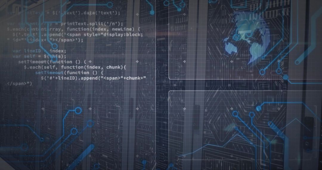 Data Center Server Racks with Futuristic Digital Overlays