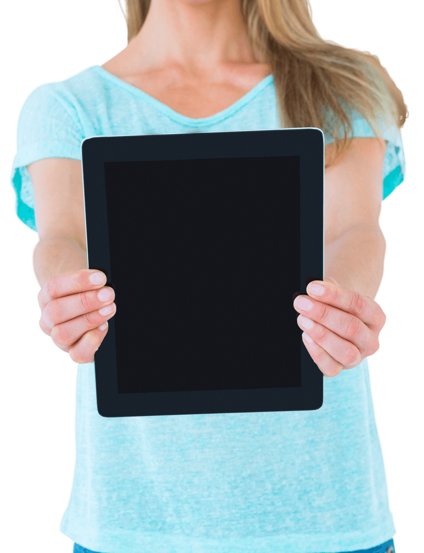 Woman Holding a Tablet with a Blank Transparent Screen