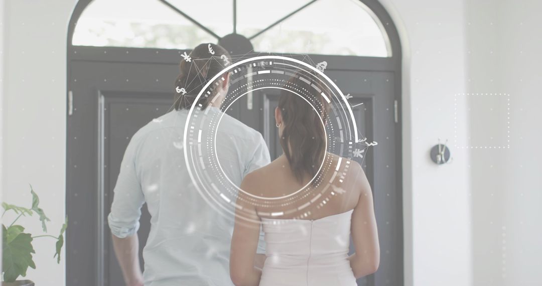 Smart Home Entry Welcoming Couple with Futuristic HUD Overlay and Modern Double Doors