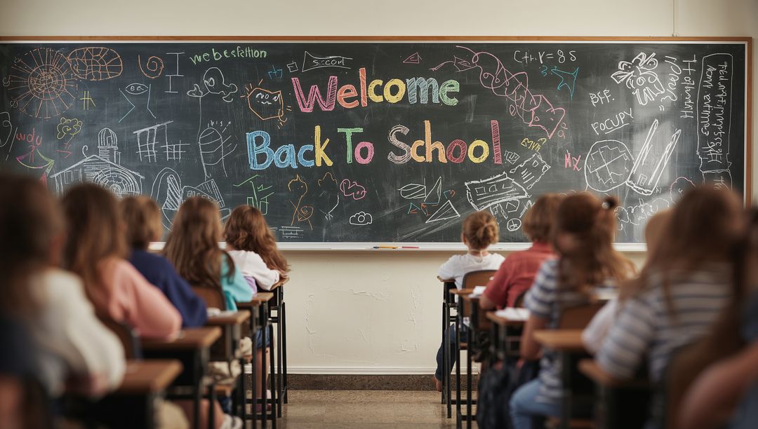Chalkboard Welcome Back to School with Enthusiastic Classroom Ambiance