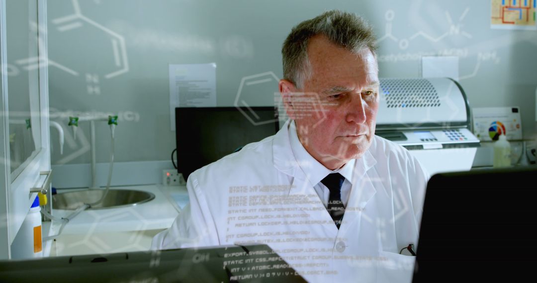 Image of medical data processing on caucasian senior male scientist using computer at laboratory - Free Images, Stock Photos and Pictures on Pikwizard.com