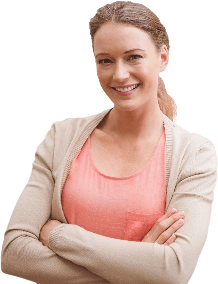 Smiling Caucasian Woman with Folded Arms on Transparent Background