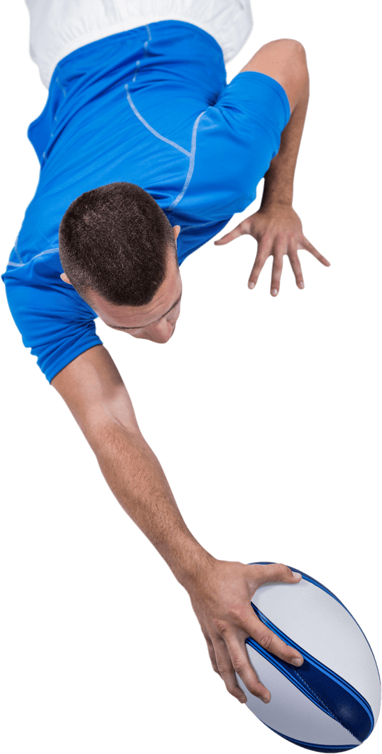 Rugby Player Reaching for Rugby Ball in Blue Kit Transparent Background