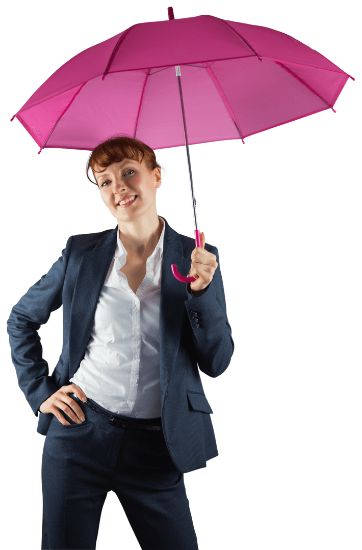 Smiling Businesswoman with Pink Umbrella on Transparent Background