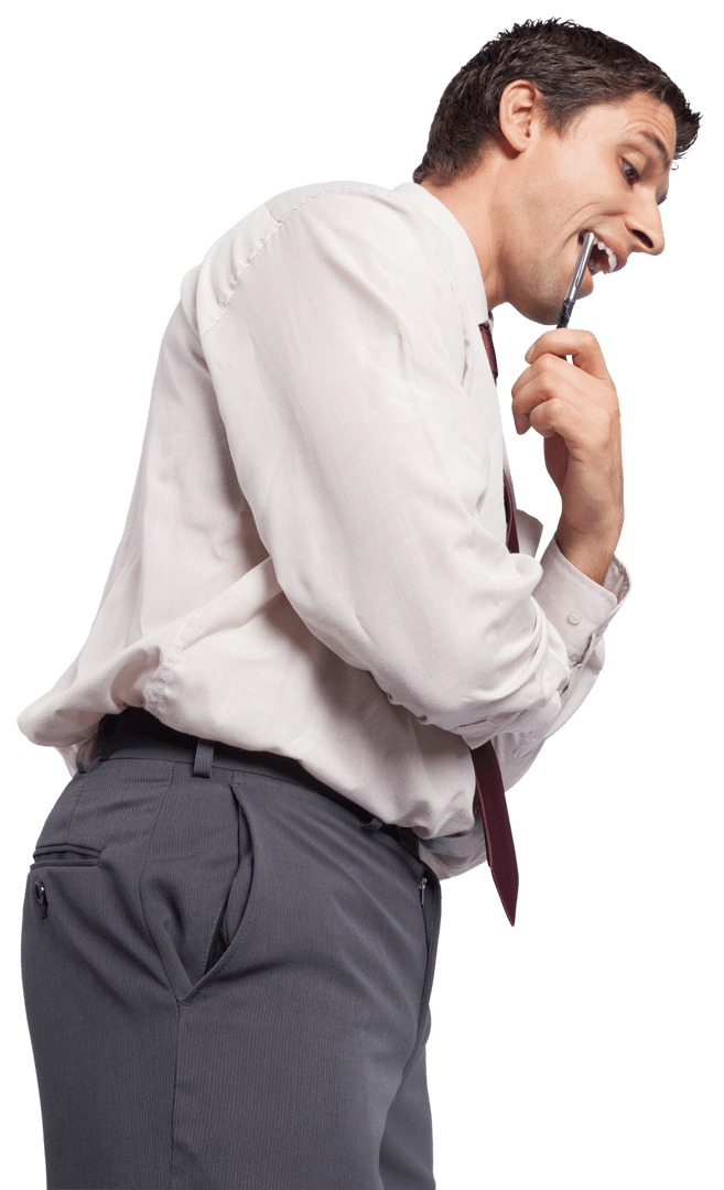 Thoughtful Businessman Holding Pen to Chin Transparent Background