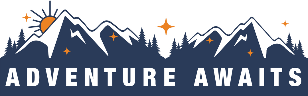 Adventure Awaits Emblem with Mountains on Transparent Background
